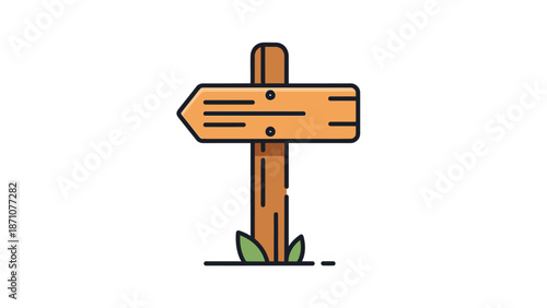 Wooden signpost pointing left on a white background with grass at the base