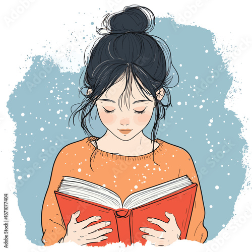 Cute girl reading book. Hand drawn vector female illustration of pretty young woman with book with abstract background , vector style simple color