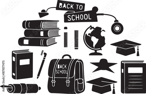Black and white back to school with books backpack globe and graduation caps 3