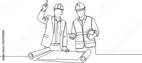 Construction planning meeting, architects discussing blueprint, engineer collaboration line drawing, site development teamwork, architectural project design, 