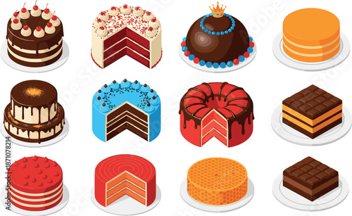 Sweet cake desserts vector set with chocolate, layered and cream cakes in colorful flat illustration style isolated on white background for bakery design