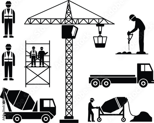 Construction Site Silhouette Icons, Workers, Vehicles, Equipment, Crane, Mixer, Tools Vector Illustration for Industrial Project, Building Work, Infrastructure Design
