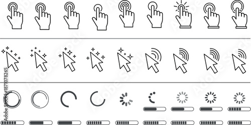 User interface interaction icons set illustrating clicking gestures, cursor actions, loading indicators, progress states, and system feedback elements for web and app design