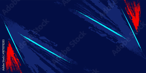 Dark blue abstract background featuring expressive red and cyan paint brush strokes with halftone dot textures and a street-style aesthetic