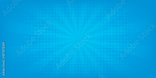 Comic background. Pop art texture. Starburst cartoon style. Anime design with explosion effect for print. Fun dot pattern. Blue backdrop with halftone gradient.