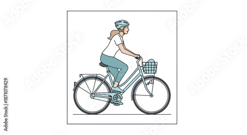 Woman riding a bicycle with a basket and helmet.