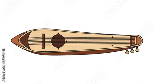 Traditional wooden dulcimer musical instrument with strings and tuning pegs.