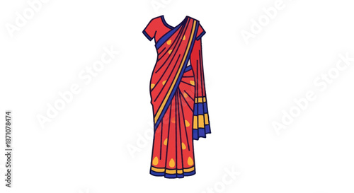 Traditional Indian Red Saree with Blue and Yellow Border.