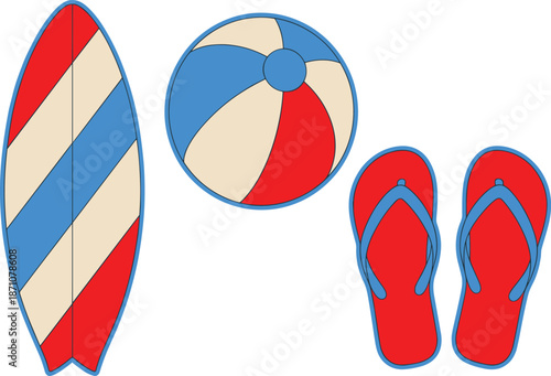 Summer beach elements illustration surfboard beach ball and flip flops seaside vacation objects isolated white background vector set
