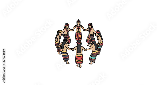 Diverse group of people in traditional attire holding hands in a circle.