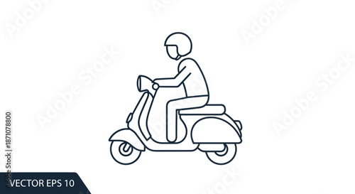 Outline icon of a person riding a vintage scooter with a helmet.