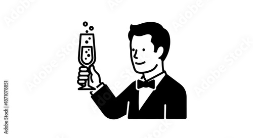 Dapper man in a tuxedo and bow tie raising a glass of sparkling champagne.