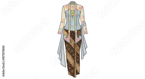Traditional Indonesian Kebaya Blouse and Batik Skirt Fashion Design Illustration.