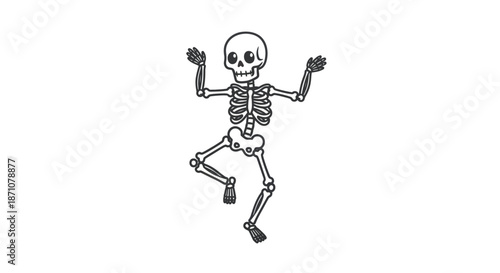 A cute and happy cartoon skeleton character with big eyes dancing in a simple line art style.