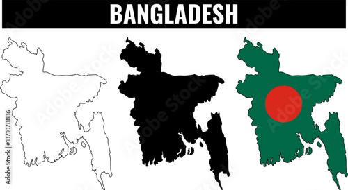 Bangladesh shapes set showing outline, filled shape and flag representation