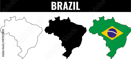 Brazil shapes set showing outline, filled silhouette, and flag design in three styles