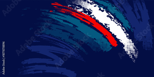 Dark blue abstract background featuring expressive red and cyan paint brush strokes with halftone dot textures and a street-style aesthetic