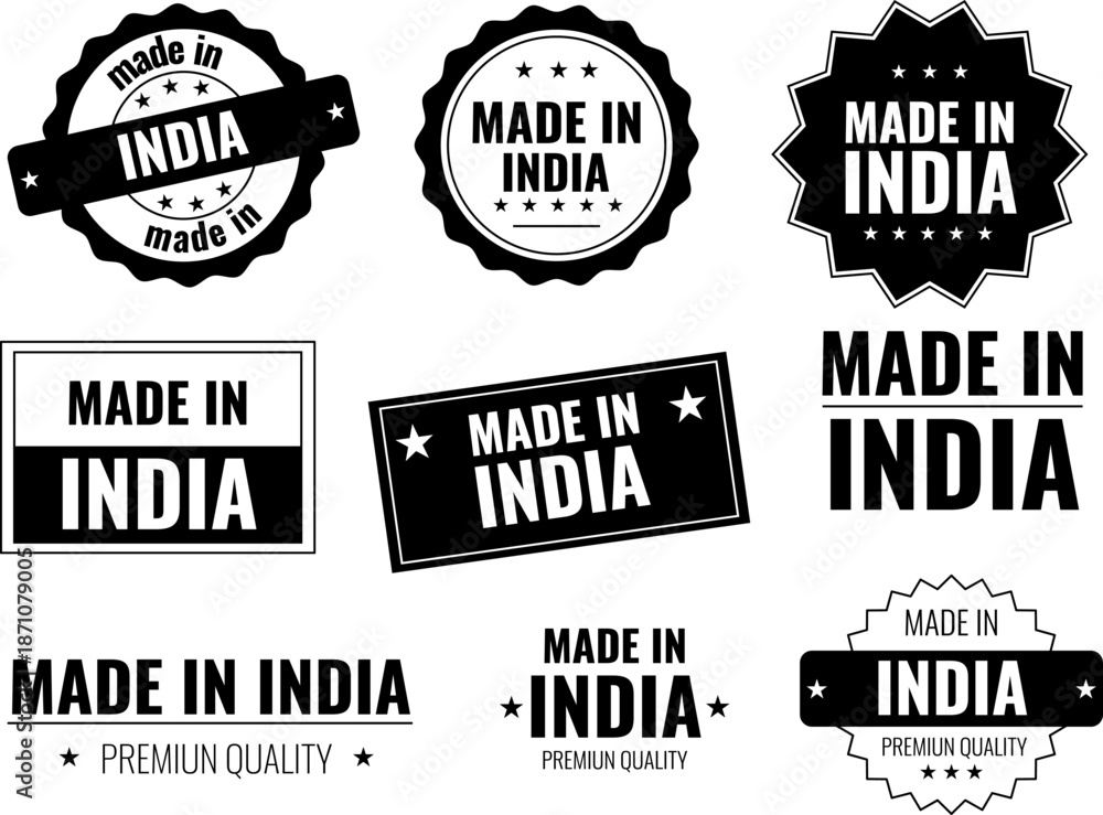 Fototapeta premium Icons set showing made in India labels and emblems for products from India in simple design
