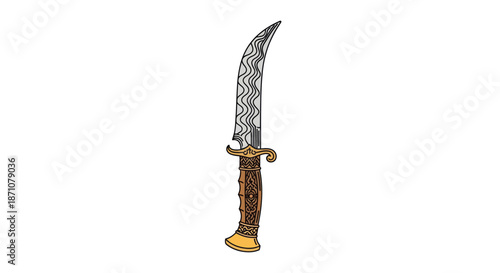 Ornate curved dagger with a patterned Damascus steel blade and a decorative hilt.