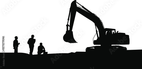 Construction site silhouette with workers, excavator, heavy machinery, engineering teamwork concept, black vector illustration for building, industry, and safety themes