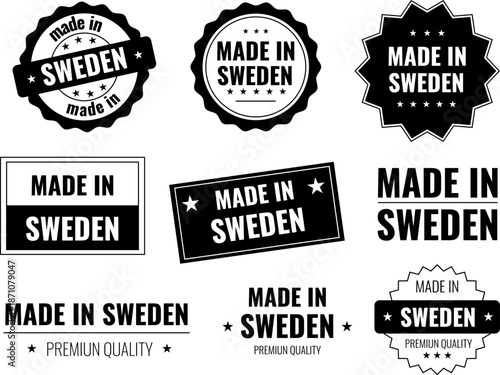 Icons showing made in Sweden labels for products with different designs and styles for emblems