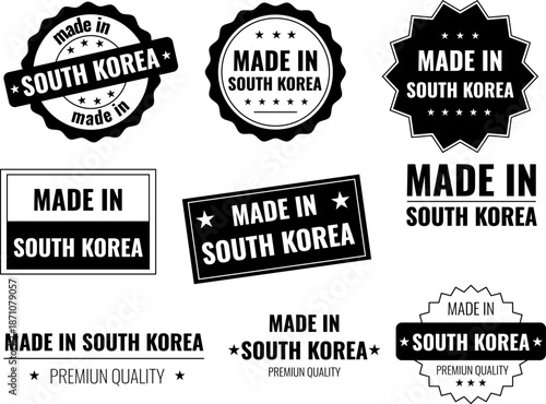 Set of icons showing made in South Korea labels with product emblems for branding and quality assurance