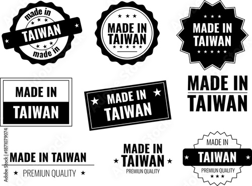 Set of icons showing made in Taiwan labels used for product emblems crafted in Taiwan