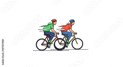 Two Cyclists Riding Bicycles Fast with Helmets and Backpacks.