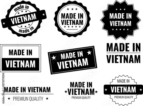 Icons set showing made in Vietnam labels for various products and emblems representing the origin of items