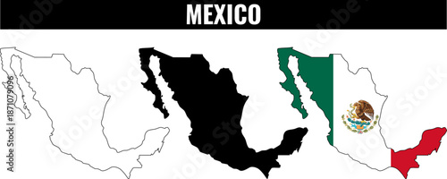Different shapes and colors of Mexico shown in a simple design with the country outlined