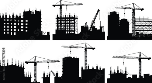 Construction site silhouettes with multiple tower cranes, building framework, urban development, industrial construction progress, heavy machinery, architecture, black and white images
