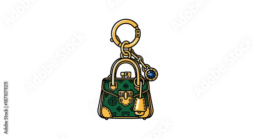 Elegant Golden and Green Handbag Charm with Blue Gem and Clasp.