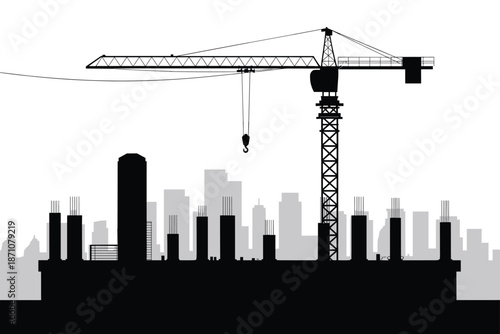 Construction site silhouette with tower crane, urban building framework, city skyline background, industrial development, heavy machinery, construction equipment, architectural project, urban 