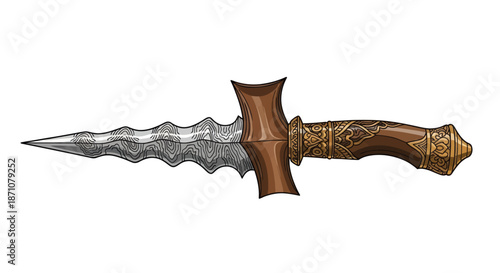 Ornate Dagger with Serrated Blade and Decorative Handle.