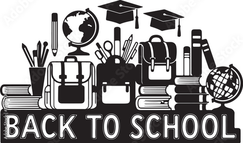 Black and white back to school with globes backpacks pencils and graduation caps