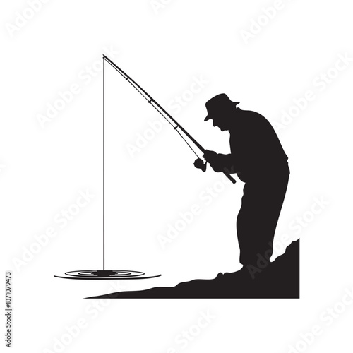 Fisherman with fishing rod silhouette vector illustration, showing a person actively engaged in the sport of fishing with a tranquil water ripple detail