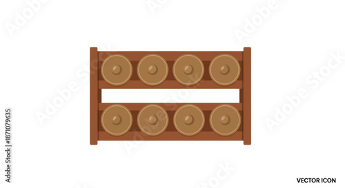 Wooden Rack Holding Eight Circular Objects.