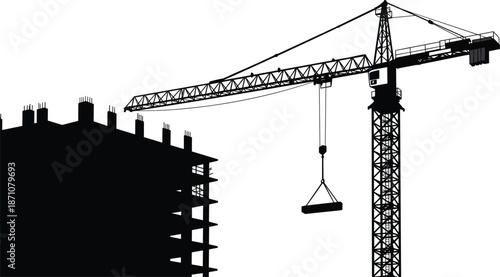 Construction site with tower crane lifting concrete beam, building framework silhouette, industrial urban development, architecture progress, heavy machinery, black and white image