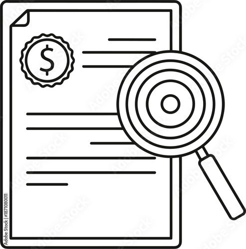 Financial Audit and Business Document Review Icon with Magnifying Glass Searching Through Tax Reports and Legal Contracts for Compliance and Accounting Analysis