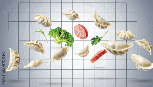 Assortment of raw dumplings, broccoli, sausage, and parsley in a dynamic arrangement.