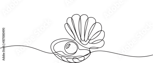 One continuous single-line drawing of a seashell. One-line art of beauty product pearl minimalist, one line Art icon drawing vector
