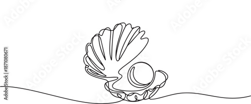 One continuous single-line drawing of a seashell. One-line art of beauty product pearl minimalist, one line Art icon drawing vector