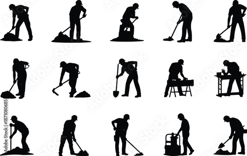 Construction worker silhouettes digging, shoveling, hammering, using tools, working on site, black isolated figures, labor poses, industrial job scenes