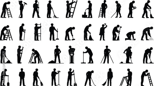 Construction worker silhouettes set, labor and maintenance activities, building and cleaning tools, ladder work, shoveling, sweeping, repairing, and equipment handling