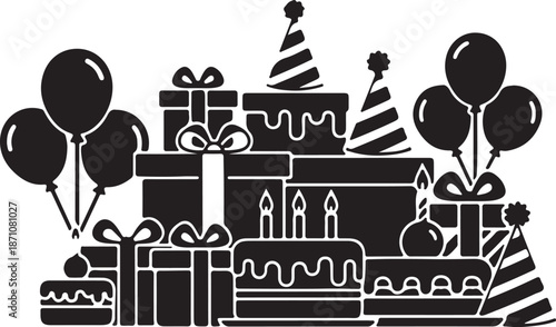 Black and white birthday celebration with cakes gifts balloons candles and party hats