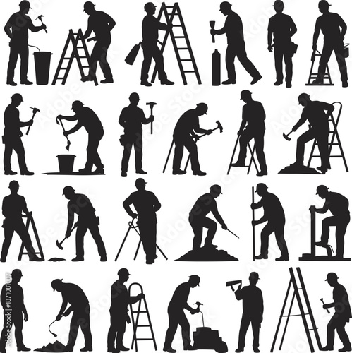 Construction worker silhouettes using tools, working on ladders, building, hammering, measuring, repairing, black vector illustration, labor icons, industry, equipment