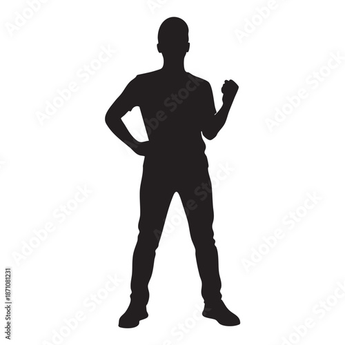 Strong man in t-shirt posing with raised fist showing power and determination silhouette vector on white background