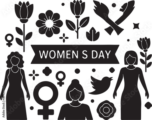 Black and white celebrating womens day with flowers and female figures women's day