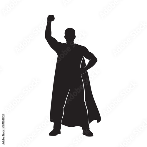 Superhero man in cape with raised fist showing power and triumph silhouette vector on white background
