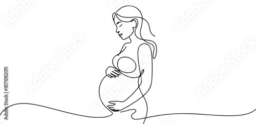Single one line drawing Young beautiful pregnant woman standing with big belly. one line Art icon drawing vector